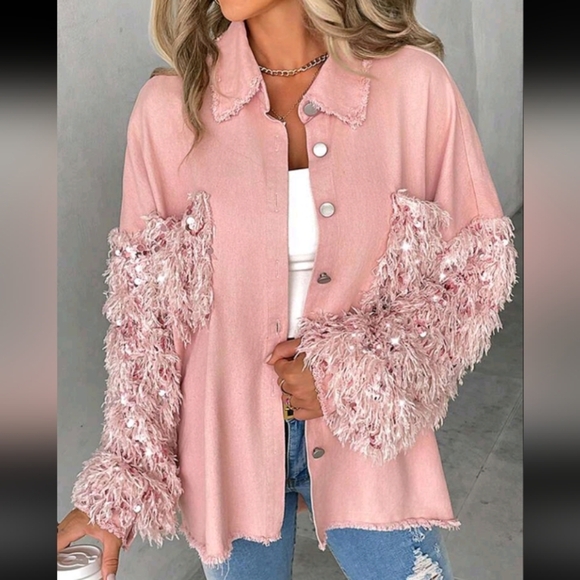 Spring & Fall Turn-Down Collar Contrast Sequin Raw Hem Button Front Shack - Picture 5 of 6